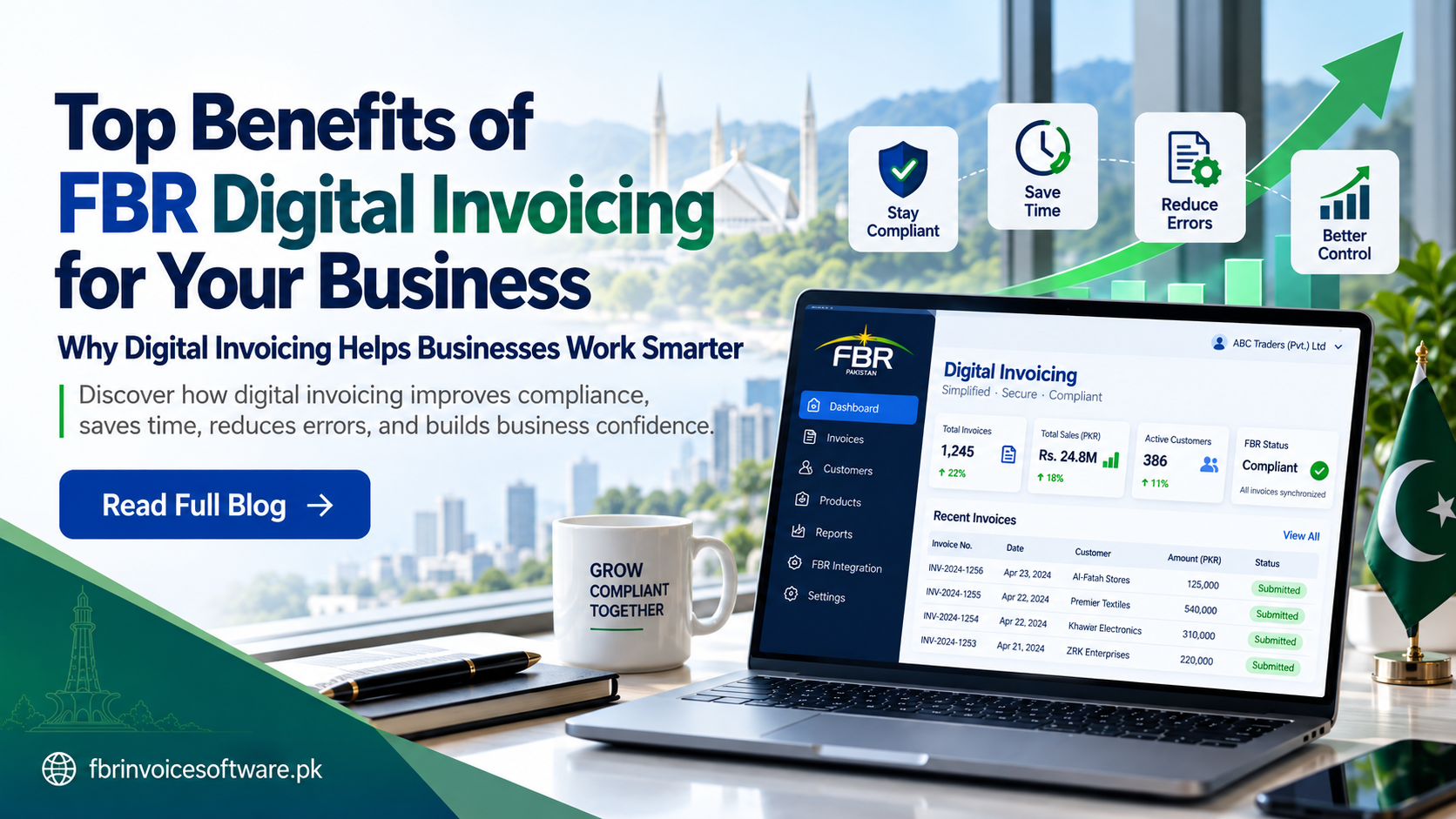 Business dashboard illustrating compliance, time savings, fewer errors and better control