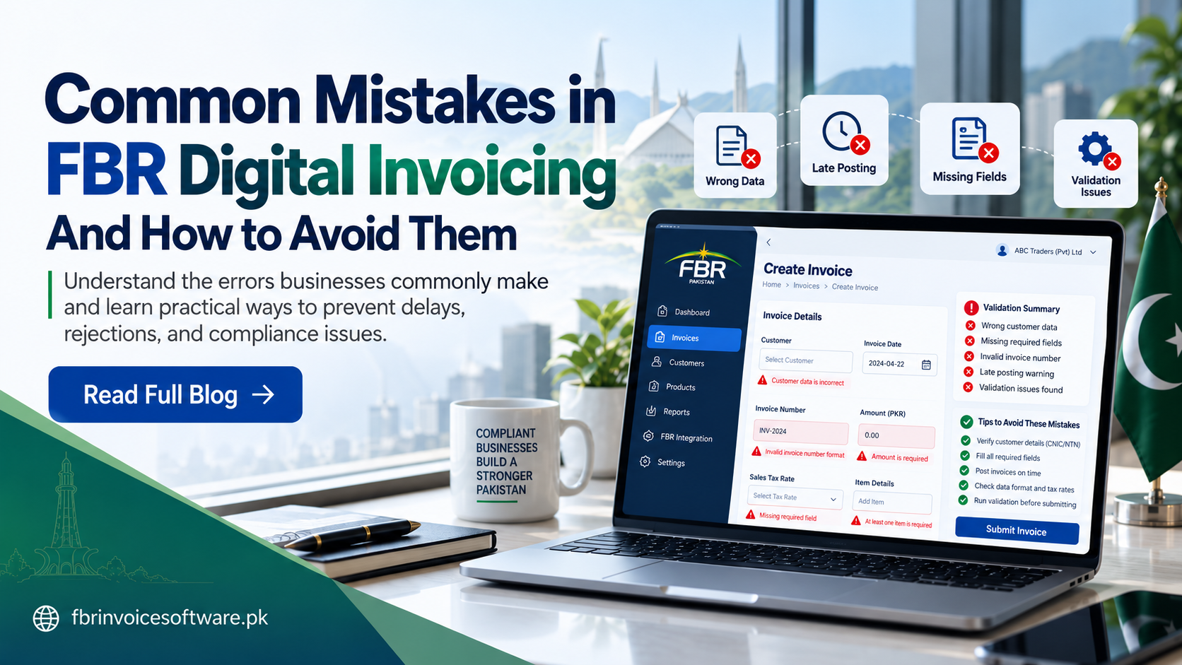 Common FBR digital invoicing mistakes displayed beside an invoice validation dashboard
