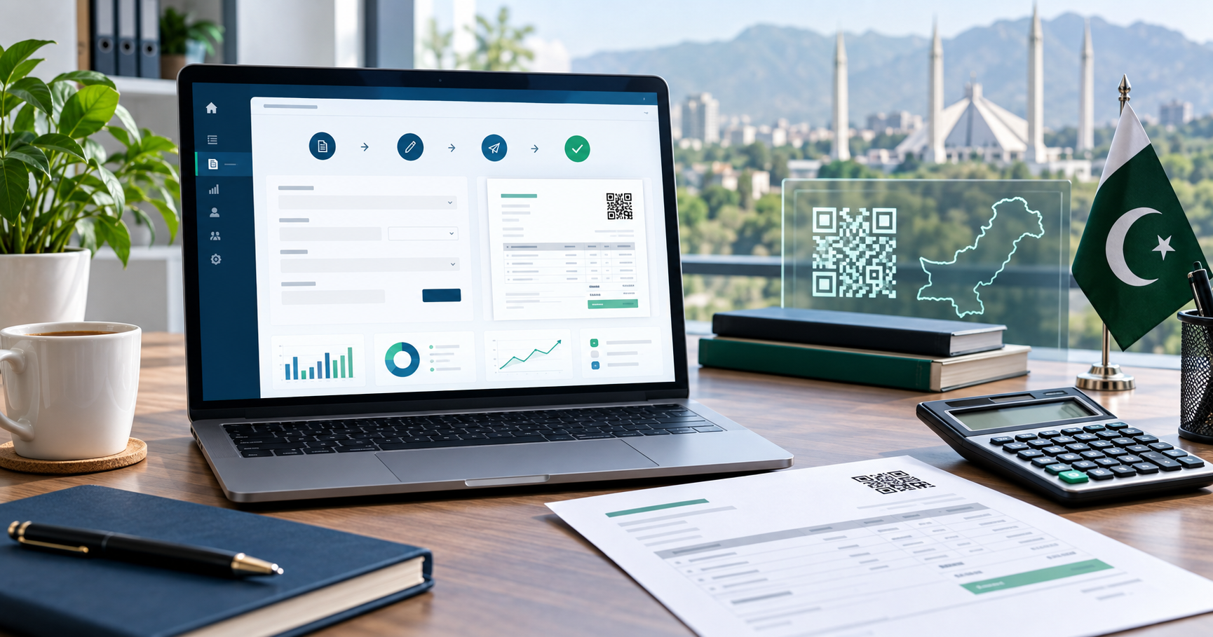 Digital invoicing dashboard with invoice and QR code in a Pakistani office