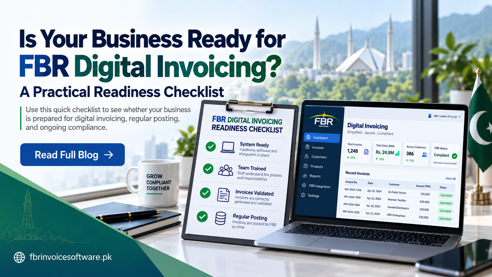 FBR digital invoicing readiness checklist beside a compliant business dashboard