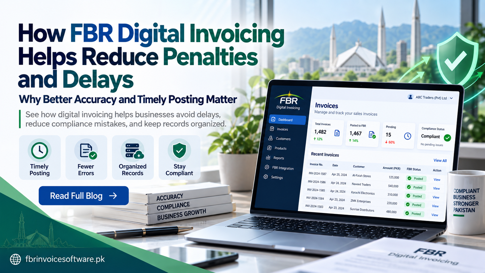 Digital invoicing dashboard showing timely posting, organized records and compliance status