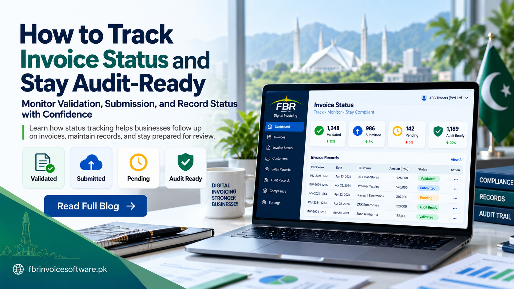 FBR invoice status dashboard showing validated, submitted, pending and audit-ready records